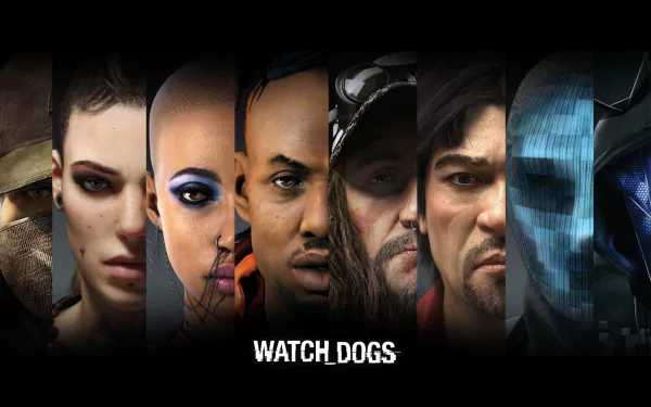 HD wallpaper featuring characters from the video game Watch Dogs, showcasing Aiden Pearce and others, set against a sleek, dark background with the game title prominently displayed.