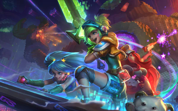 A vibrant HD desktop wallpaper featuring League of Legends champions Hecarim, Riven, Sona, and Miss Fortune in an intense, colorful scene against a dynamic, pixelated background.