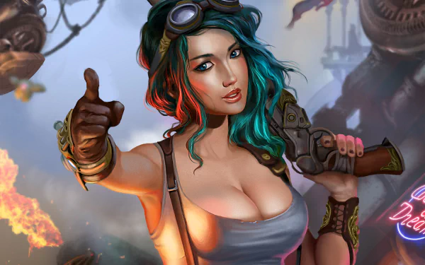 A vibrant steampunk-inspired sci-fi wallpaper featuring a confident woman with colorful hair, wearing goggles and holding a revolver against a dynamic backdrop.