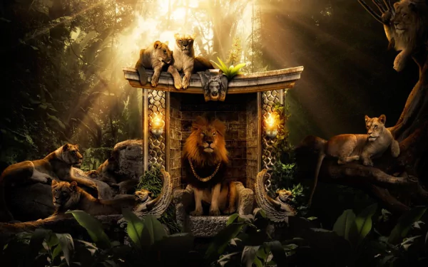 HD desktop wallpaper featuring a majestic lion and its pride in a lush jungle setting, bathed in sunlight.
