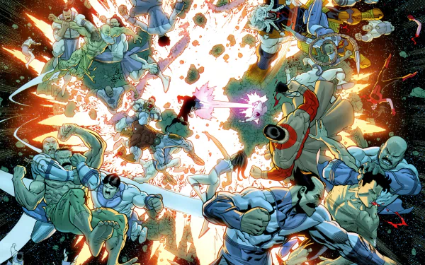 HD PC desktop wallpaper background: explosive Invincible comic scene of costumed heroes and villains colliding in a chaotic space battle.