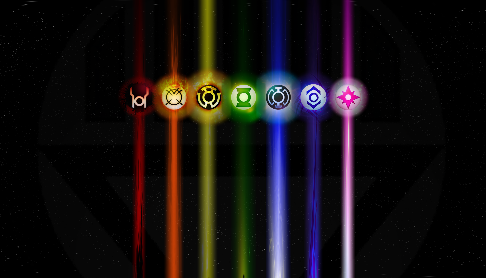 HD comic desktop wallpaper featuring the seven Lantern Corps symbols, each glowing with their respective signature colors against a dark background.