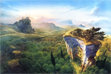 A high-definition fantasy landscape wallpaper featuring lush greenery, ancient ruins, and distant mountains under a vibrant sky.