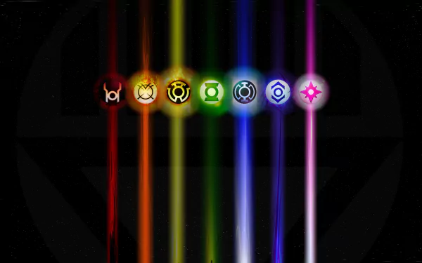 HD comic desktop wallpaper featuring the seven Lantern Corps symbols, each glowing with their respective signature colors against a dark background.