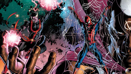 HD PC desktop wallpaper: comic-style Spider-Man of the New Avengers swings in webs before a cosmic, energy-charged villain.