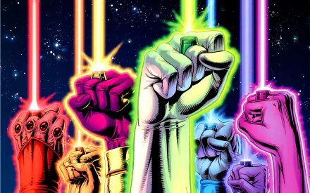 HD PC desktop wallpaper featuring vibrant, glowing fists representing the Lantern Corps from a comic series against a starry space background.