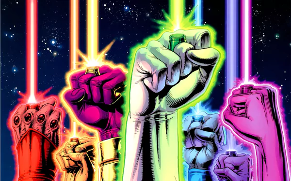 HD PC desktop wallpaper featuring vibrant, glowing fists representing the Lantern Corps from a comic series against a starry space background.