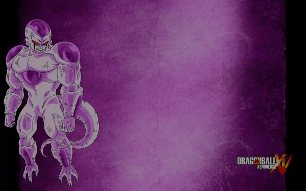HD PC desktop wallpaper/background: purple textured Dragon Ball Xenoverse scene with Frieza standing at left and the Xenoverse logo at lower right.