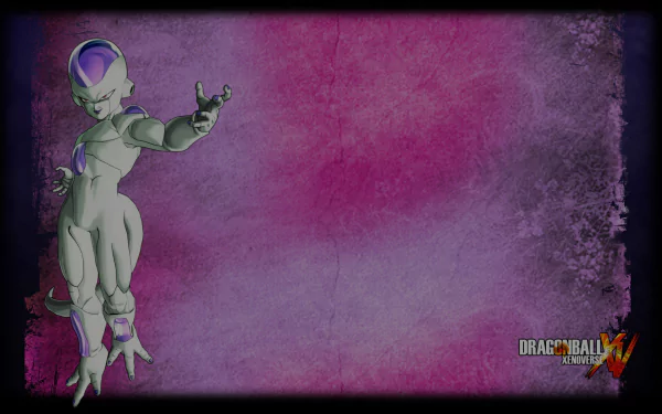 HD PC desktop wallpaper background for the video game Dragon Ball Xenoverse: Frieza stands at left against a purple textured backdrop with the game logo at bottom-right.