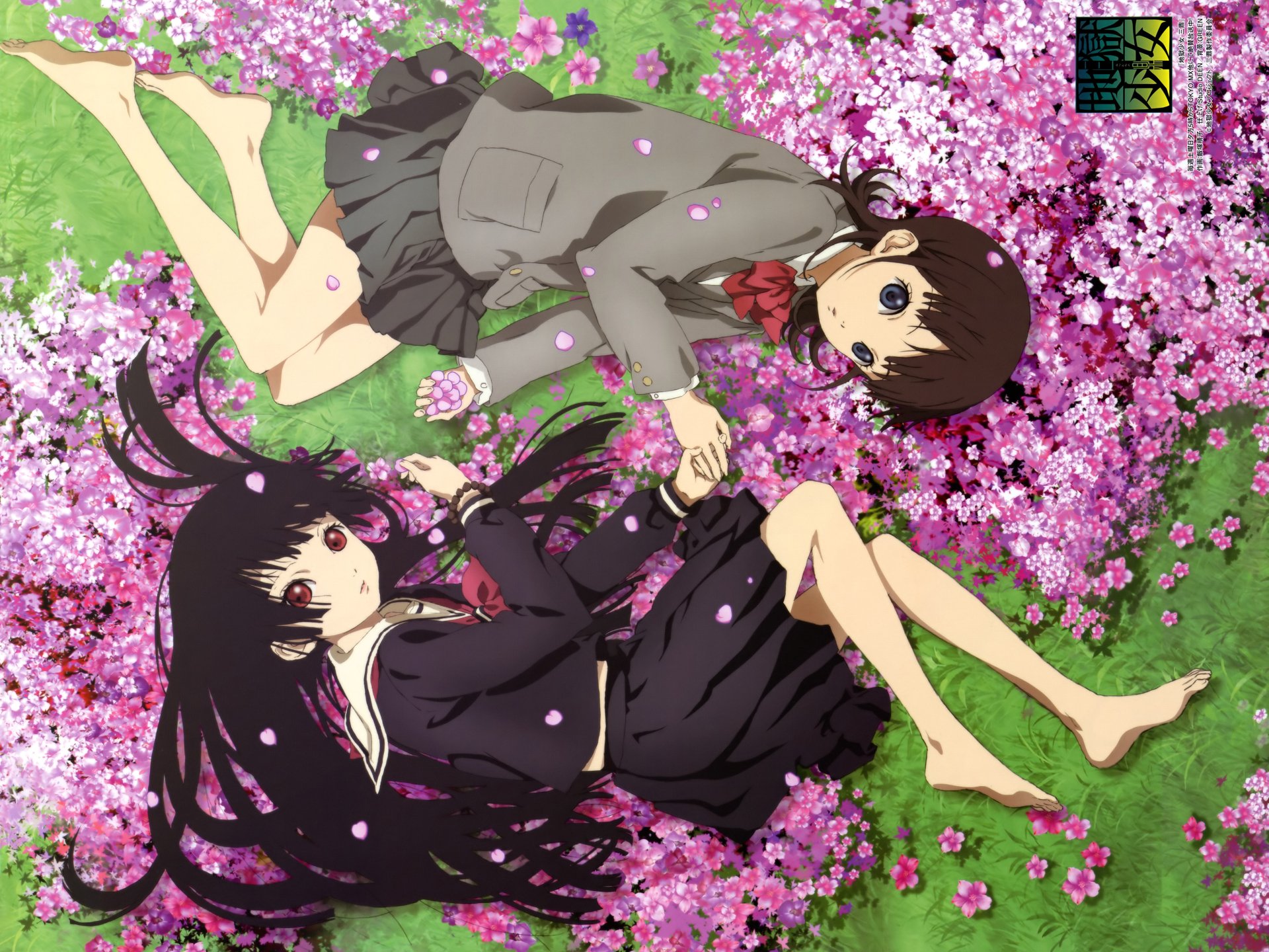 4K Ultra HD PC desktop wallpaper of Hell Girl anime: two schoolgirls lying on pink cherry blossoms, one with long black hair and one with short brown hair.