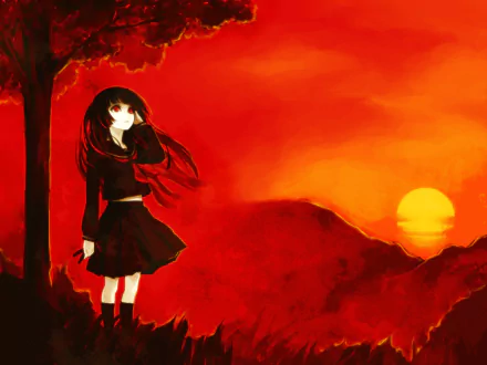 Anime Hell Girl stands in a black school uniform beneath a tree against a fiery red sunset — HD PC desktop wallpaper/background.