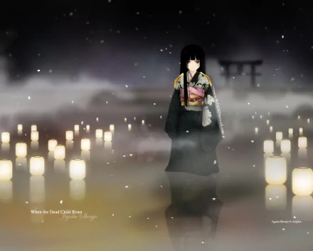 A serene scene from the anime Jigoku Shōjo, featuring Hell Girl standing amidst glowing lanterns in a misty landscape, creating an ethereal and haunting atmosphere.