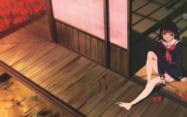 Anime-style 4K Ultra HD desktop wallpaper featuring a dark-haired girl in a school uniform sitting on a wooden porch, inspired by Jigoku Shōjo.