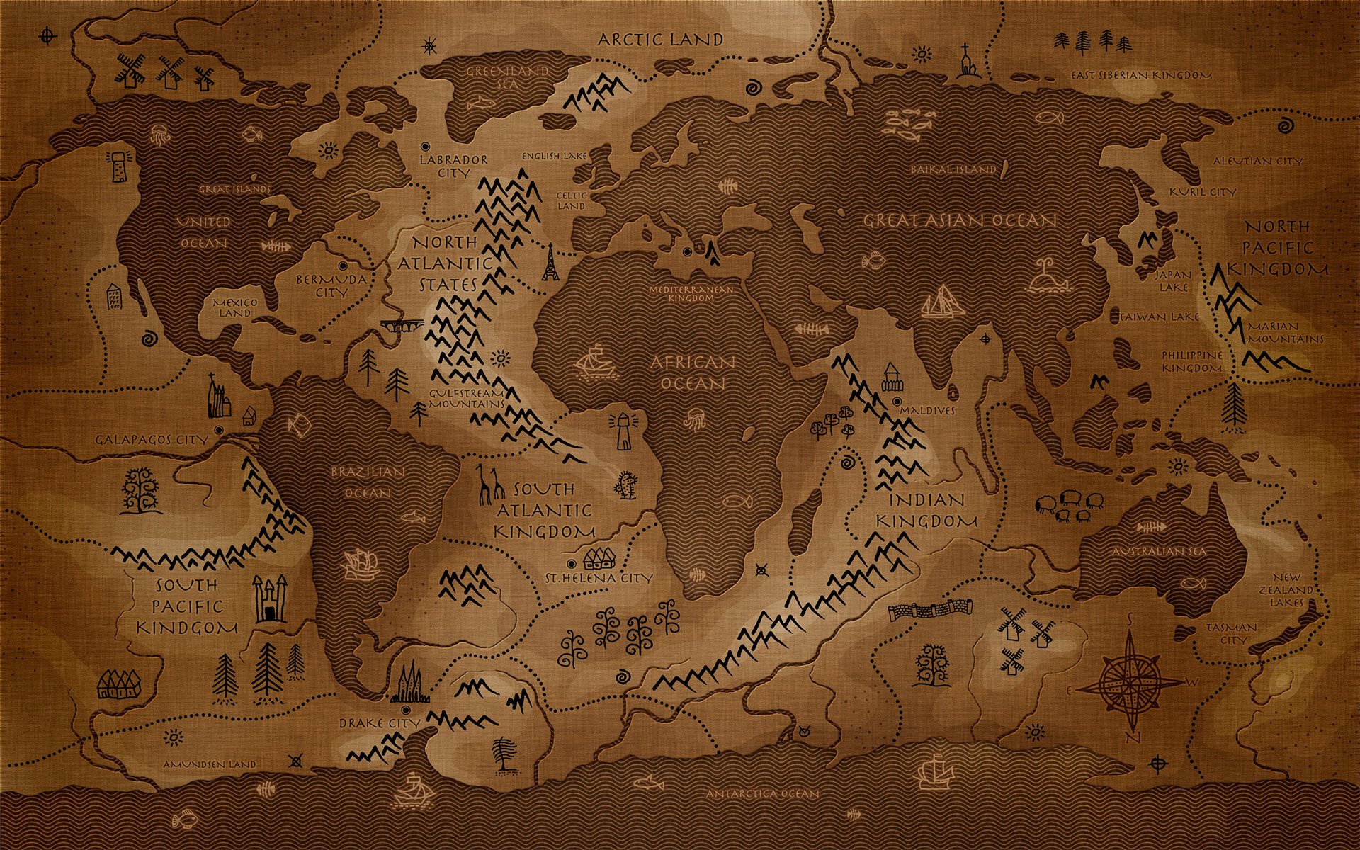 This HD desktop wallpaper features a humorous, vintage-style world map with fictional and whimsical elements.