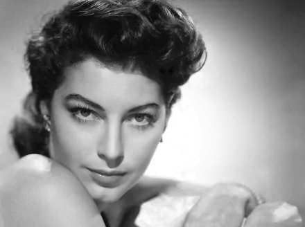 Black and white HD desktop wallpaper of celebrity Ava Gardner, featuring a close-up portrait with soft lighting and classic Hollywood glamour.
