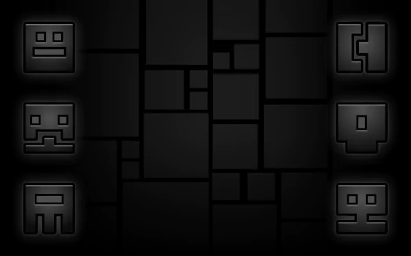 HD PC desktop wallpaper featuring dark geometric shapes and iconic blocky faces from the video game Geometry Dash arranged in a balanced, modern design.