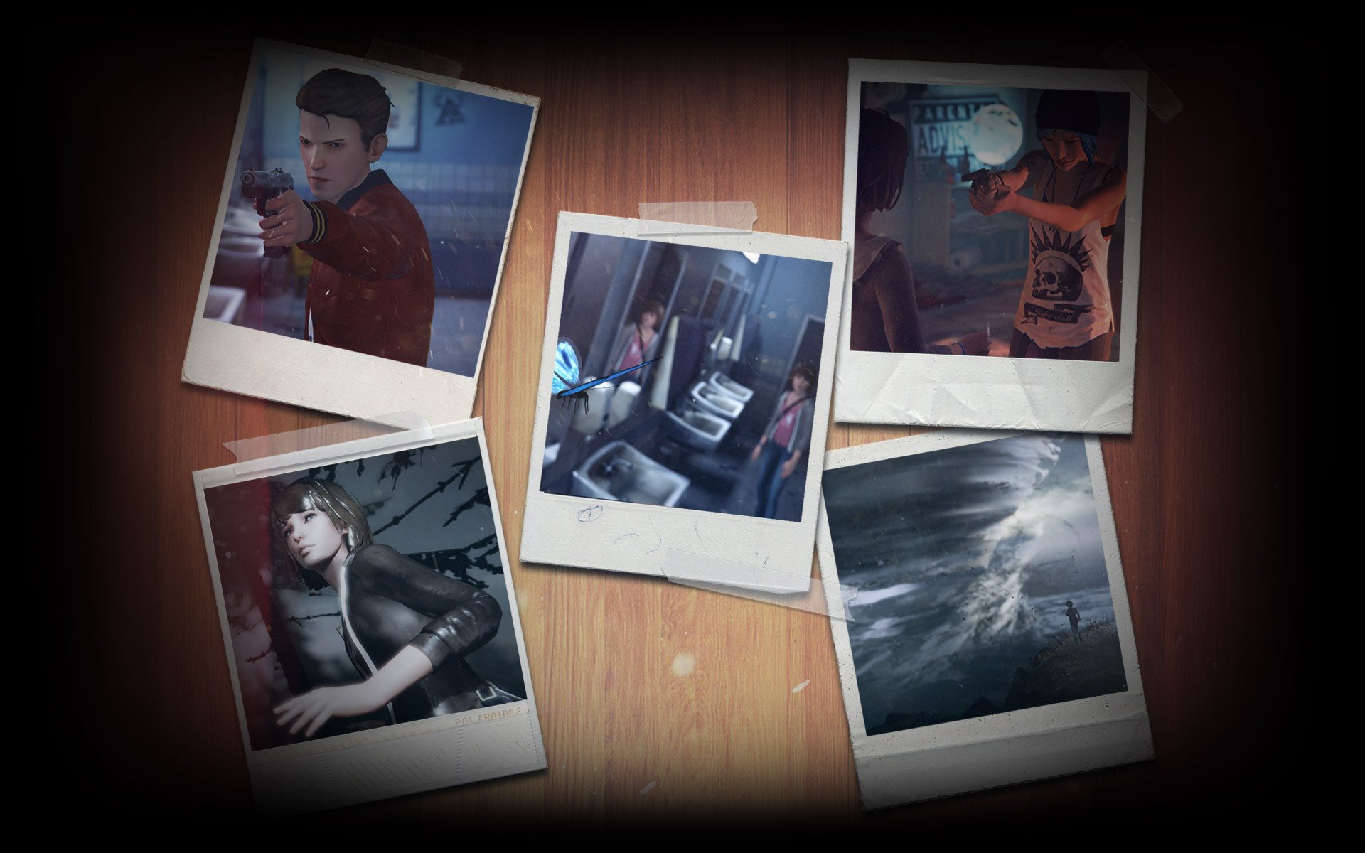 HD PC desktop wallpaper featuring Polaroid-style images of Nathan Prescott, Chloe Price, and Max Caulfield from the video game Life Is Strange.