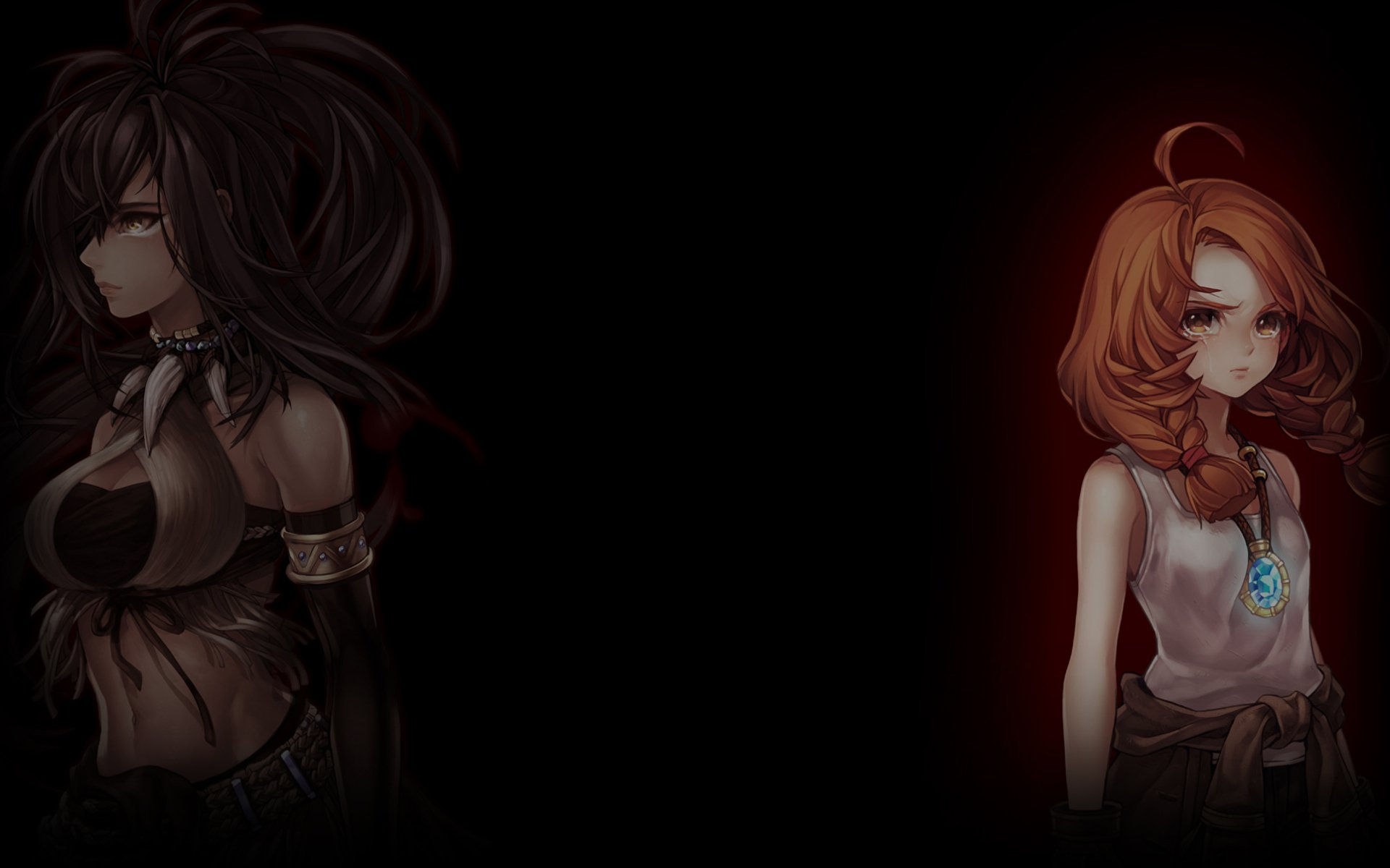 HD PC desktop wallpaper/background from the video game Mabinogi: two stylized female characters — a shadowed dark-haired woman at left and an illuminated redhead at right on a black backdrop.