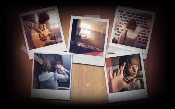 HD PC desktop wallpaper featuring Max Caulfield from the video game Life Is Strange, displayed through a collage of Polaroid-style photos capturing key moments.