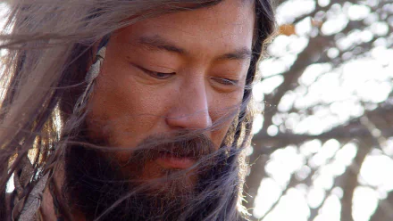 Close-up of a bearded warrior from the movie Mongol: The Rise of Genghis Khan, wind-blown hair and contemplative gaze; HD PC desktop wallpaper and background.