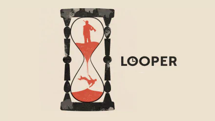 HD PC desktop wallpaper featuring a stylized hourglass with two figures and the title Looper, referencing the movie's time-travel theme.