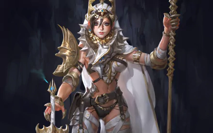 Fantasy HD desktop wallpaper featuring a fierce woman warrior adorned in ornate armor and holding a staff, set against a dark, mystical background.