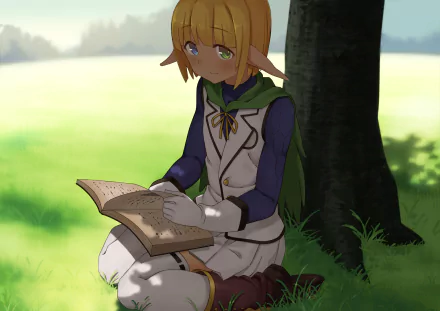 Mare Bello Fiore from the anime Overlord sits under a tree, reading a book in a serene, sunlit field, featured in an HD PC desktop wallpaper.