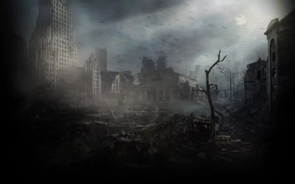 HD PC desktop wallpaper and background from the video game Metro Last Light Redux: desolate, fog-shrouded ruined cityscape with skeletal trees and crumbling skyscrapers under a stormy sky.