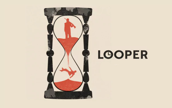 HD PC desktop wallpaper featuring a stylized hourglass with two figures and the title Looper, referencing the movie's time-travel theme.
