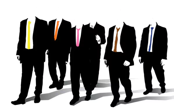 HD PC desktop wallpaper featuring stylized silhouettes of the Reservoir Dogs characters in black suits with colorful ties against a white background.