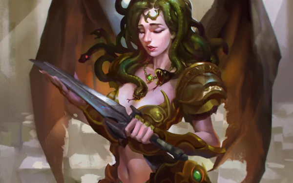 HD PC desktop wallpaper: fantasy Medusa with living snake-hair and feathered wings, armored chestplate and glowing sword, set against crumbling stone ruins.