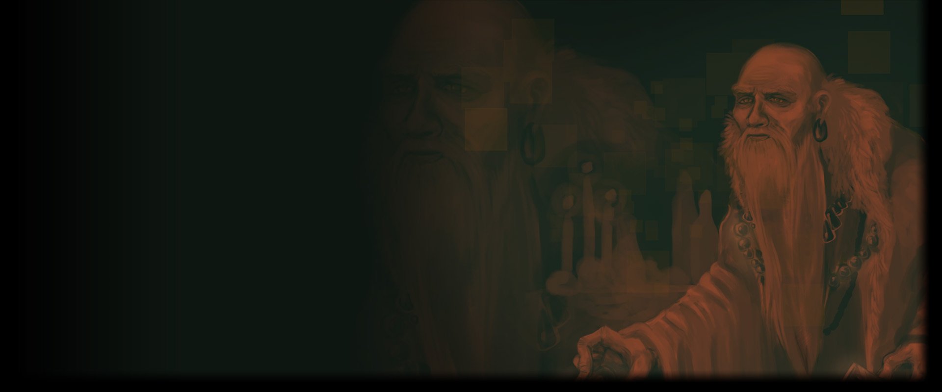 HD PC desktop wallpaper featuring a dark, mysterious scene from the video game Pixel Boy and the Ever Expanding Dungeon with an aged character in the foreground.