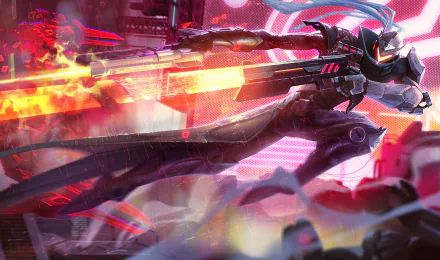 HD wallpaper featuring Lucian from League of Legends in action, wielding his dual guns with vibrant, fiery effects, set in a dynamic and futuristic scene.