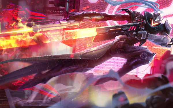 HD wallpaper featuring Lucian from League of Legends in action, wielding his dual guns with vibrant, fiery effects, set in a dynamic and futuristic scene.