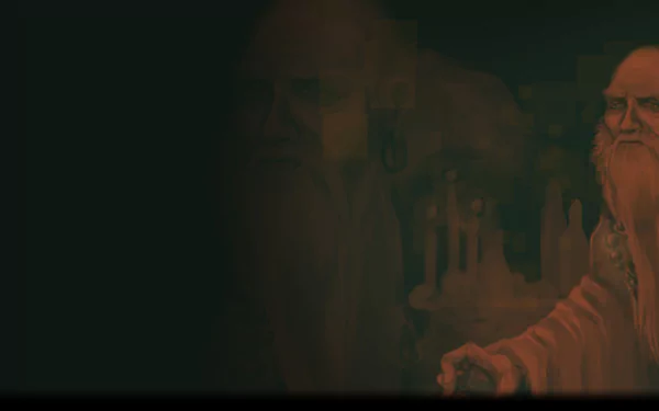 HD PC desktop wallpaper featuring a dark, mysterious scene from the video game Pixel Boy and the Ever Expanding Dungeon with an aged character in the foreground.