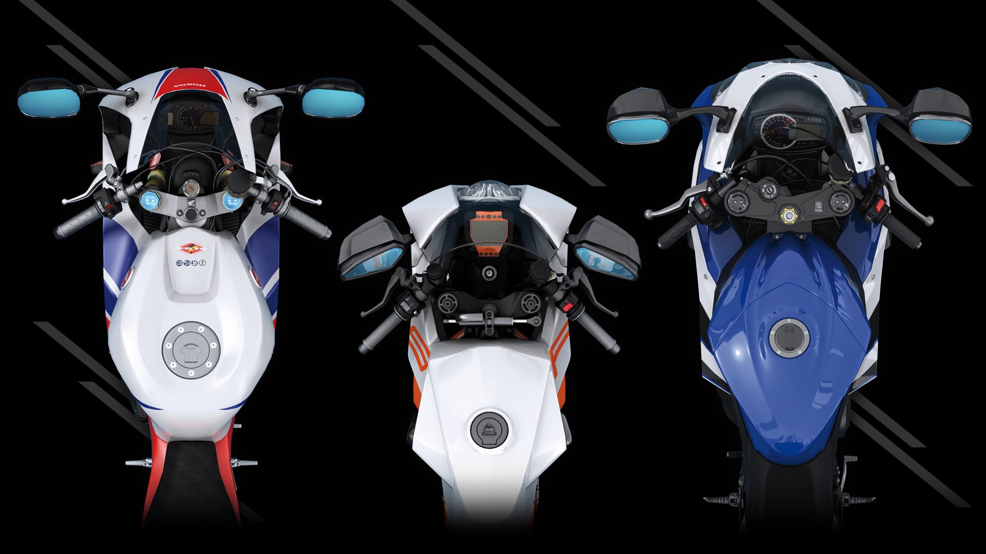 HD PC desktop wallpaper and background: three futuristic, video game-style sportbikes seen from above on a black backdrop, a sleek ride-themed gaming image.
