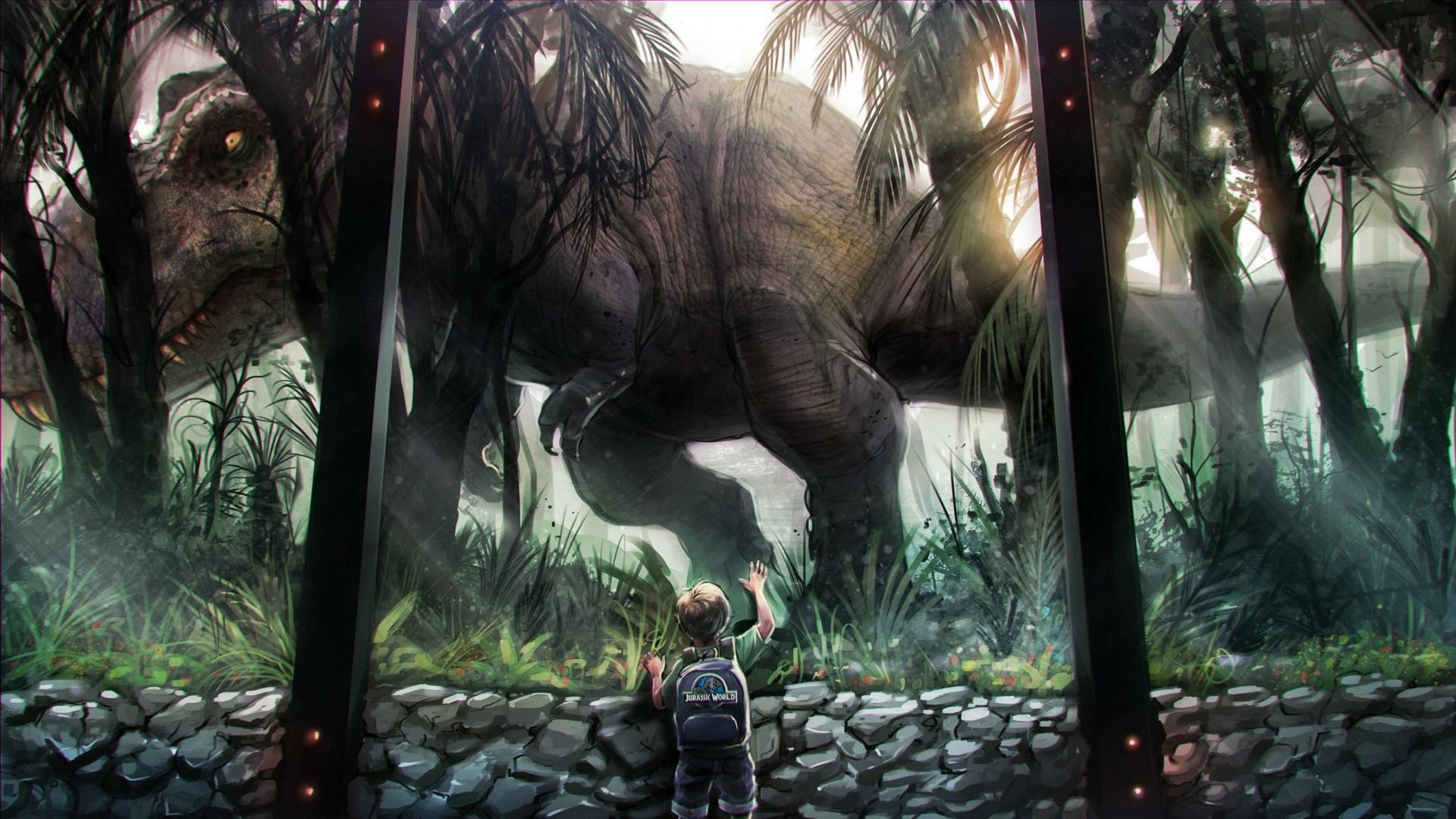 A child stands in awe before a massive dinosaur in a lush jungle setting, capturing the thrilling essence of Jurassic World in this HD desktop wallpaper.
