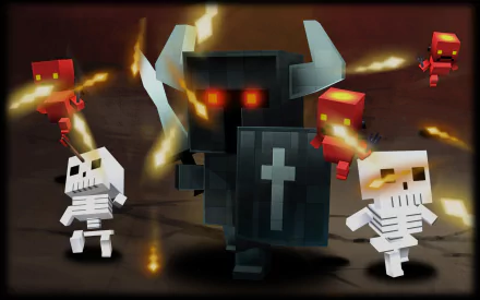 HD PC desktop wallpaper featuring pixelated characters and a dark armored knight with glowing eyes from the video game Realm of the Mad God.