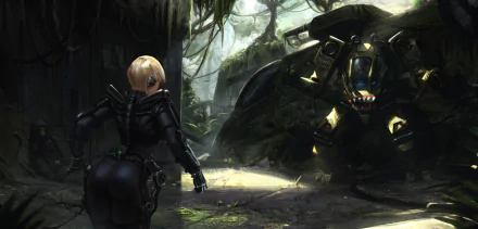 HD sci-fi desktop wallpaper featuring a woman in futuristic armor facing a large robotic mech in a dense, mysterious forest environment.
