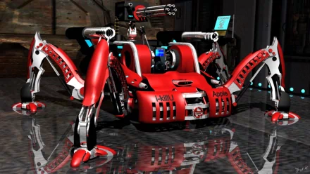 Artistic digital art of a red robotic spider with mechanical limbs on a reflective floor, designed as an HD PC desktop wallpaper and background.