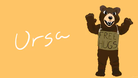 4K Ultra HD desktop wallpaper featuring Ursa from DotA 2 dressed in a bear costume holding a Free Hugs sign, with a simple orange background and white text.