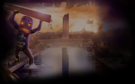 A vibrant HD wallpaper from Saints Row IV, featuring a whimsical character with a weapon in an apocalyptic setting, capturing the game's distinctive humor and action.