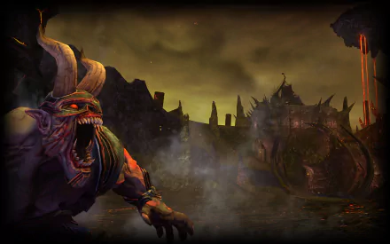 HD PC desktop wallpaper featuring a demonic creature and dark, fiery landscape from the video game Saints Row: Gat Out Of Hell.