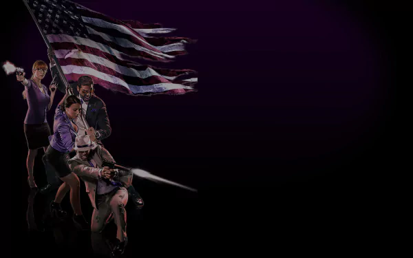 A dynamic HD wallpaper from Saints Row IV, featuring characters wielding weapons and the American flag, set against a striking purple background.