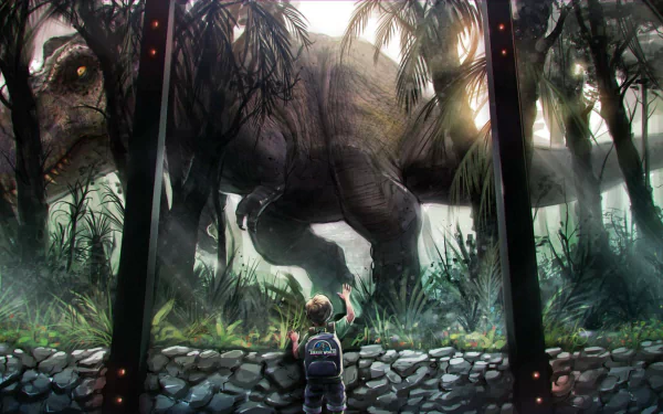 A child stands in awe before a massive dinosaur in a lush jungle setting, capturing the thrilling essence of Jurassic World in this HD desktop wallpaper.