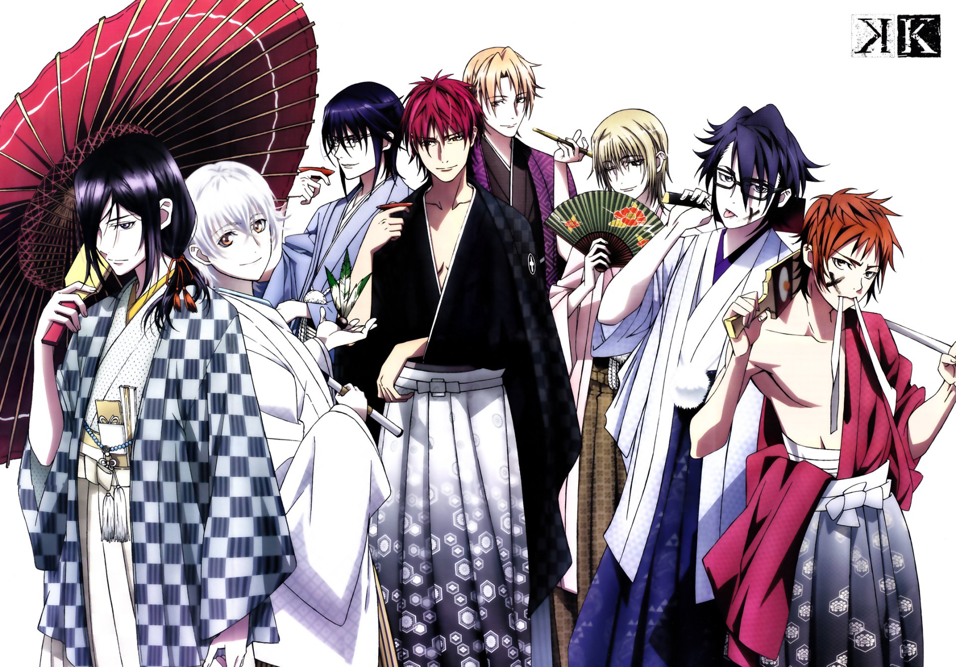 HD PC wallpaper featuring Saruhiko Fushimi, Misaki Yata, Tatara Totsuka, Izumo Kusanagi, Reisi Munakata, Mikoto Suoh, Kuroh Yatogami, and Yashiro Isana from the anime K Project.
