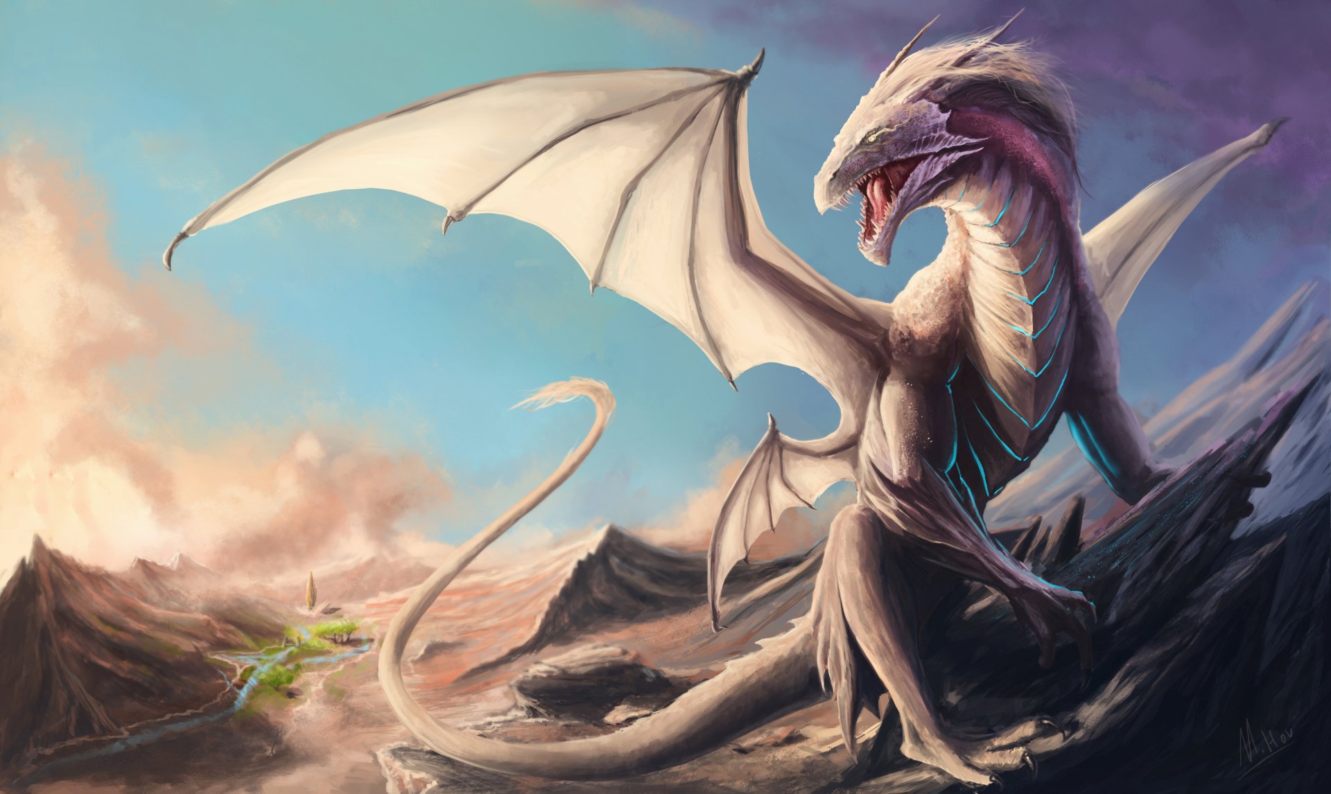 A majestic white dragon perches on rocky terrain, its wings spread wide against a colorful sky, capturing the essence of fantasy in this HD desktop wallpaper.