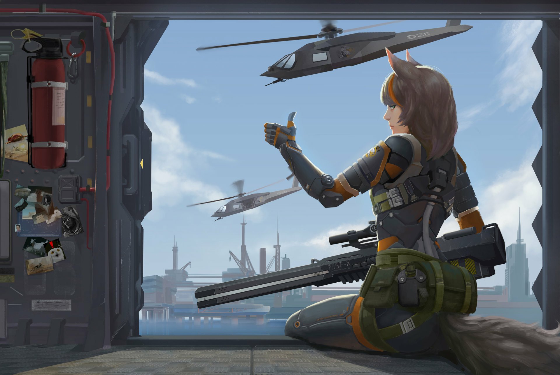HD PC desktop wallpaper featuring a sci-fi woman warrior with cat ears, armed and giving a thumbs-up as helicopters fly over a futuristic cityscape.