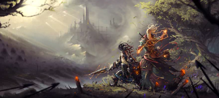 HD desktop wallpaper featuring two characters from the video game Divinity: Original Sin II, set against a dramatic, misty fantasy landscape with a distant castle.