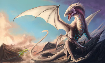 A majestic white dragon perches on rocky terrain, its wings spread wide against a colorful sky, capturing the essence of fantasy in this HD desktop wallpaper.